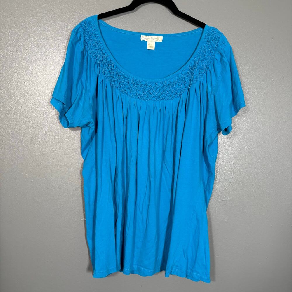 Stephanie Rogers Blue Y2K Boho Smocked Beaded Neck Top - 2X - Women's Plus Size